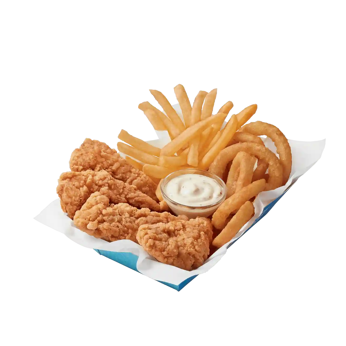 Panier de poulet croustillant, frites et rondelles